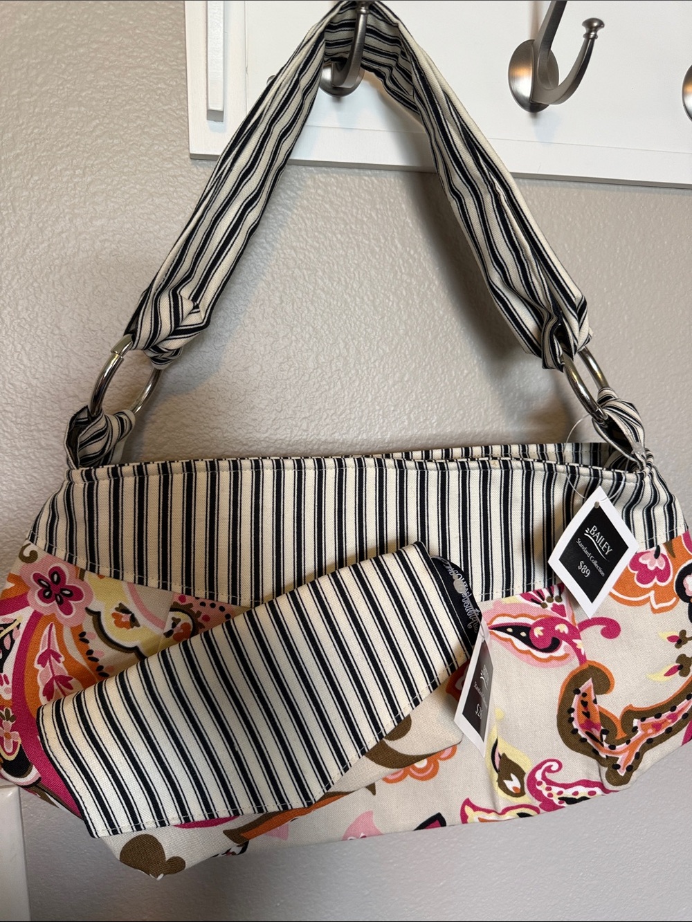 Versatile Floral-Trim Shoulder Bag with Striped Accent - Pink & Black